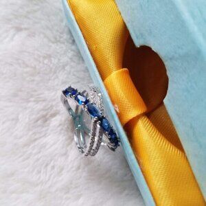 925 Sterling Silver Blue Sapphire Diamond Solitaire Cross Ring